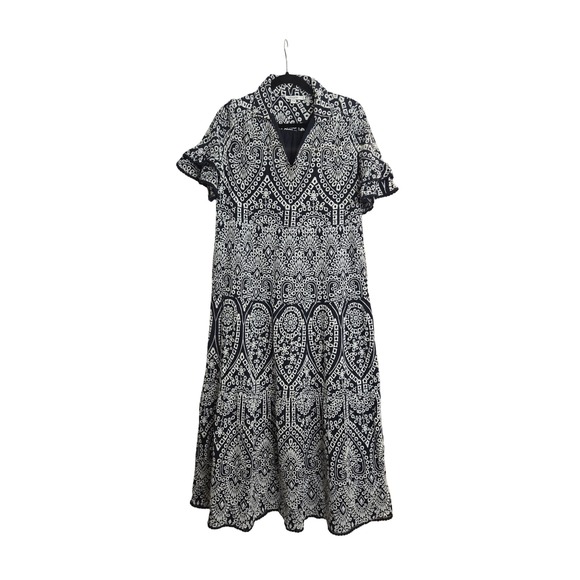 Chico's Dresses & Skirts - Chicos Navy Blue White Eyelet Embroidered Tiered Dress V-Neck Cotton Size 0/US 4